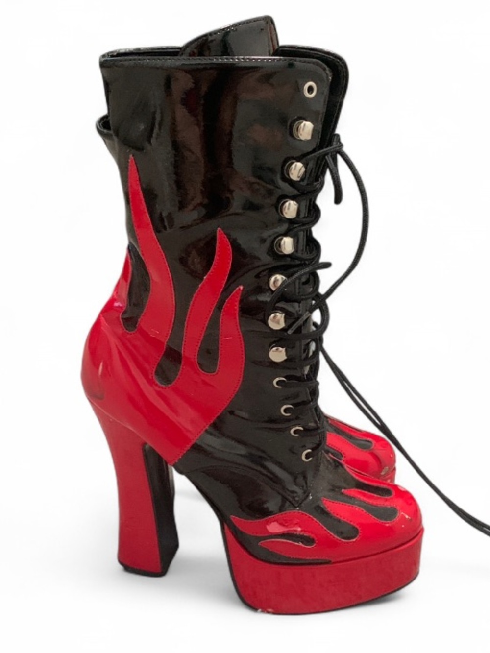 Teaser Black and Red Flames Platform Lace-Up Boots